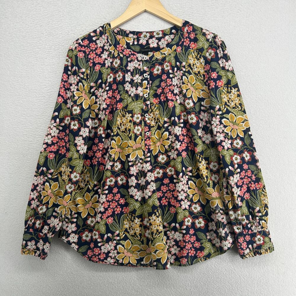 TALBOTS Top L Pintuck Popover Ruffle Cuff Floral Blouse Cotton Blue